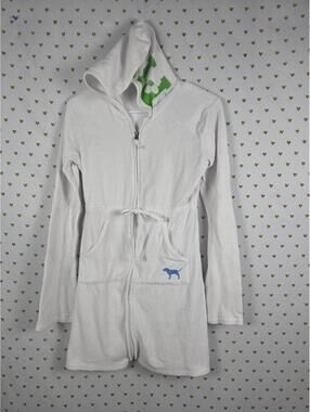 Victorias Secret PINK Vintage Terry Cloth Y2k Full Zip Hooded Robe White MEDIUM